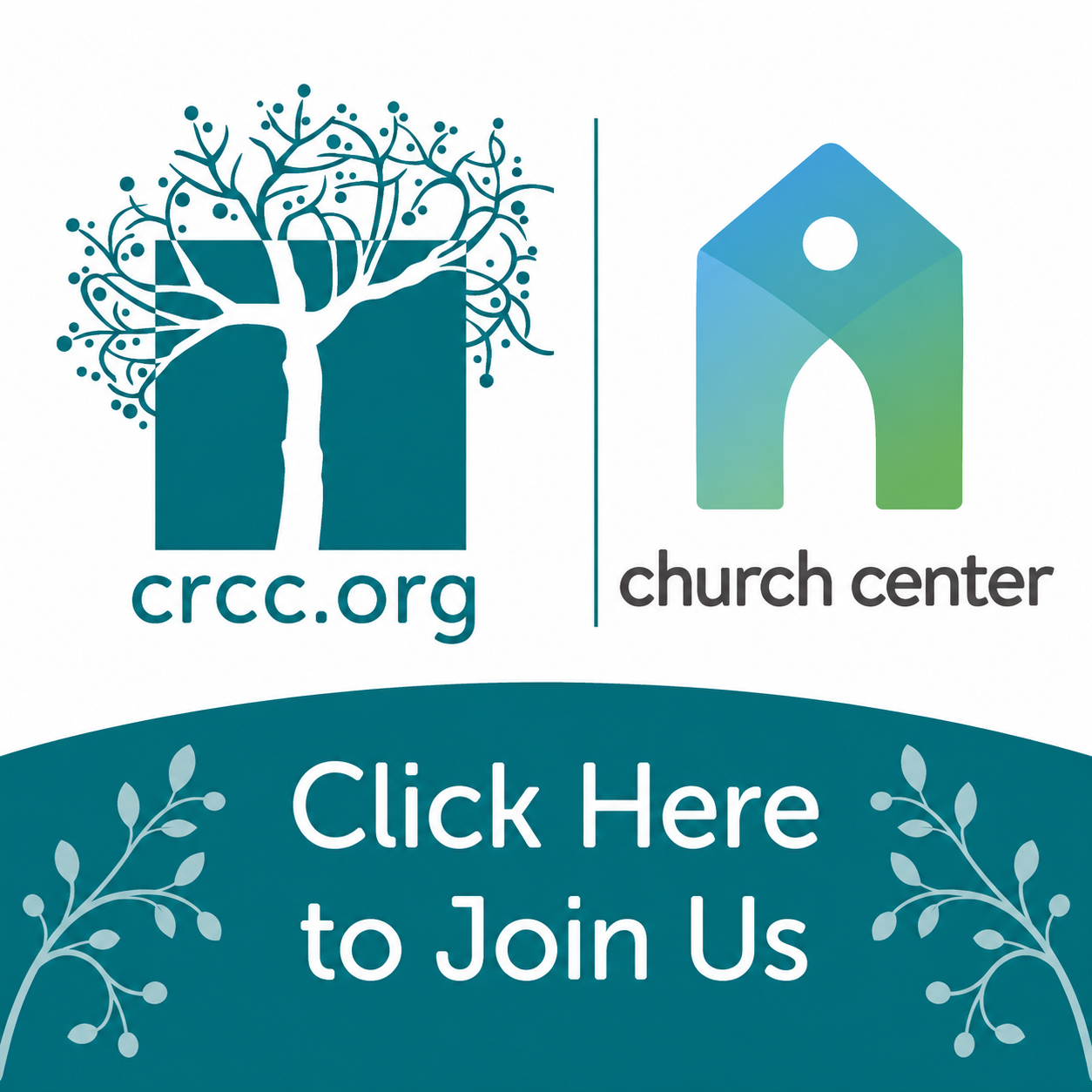CRCC Join white The Cedar Ridge Community Church and Church Center logos with Click Here to Join Us written below